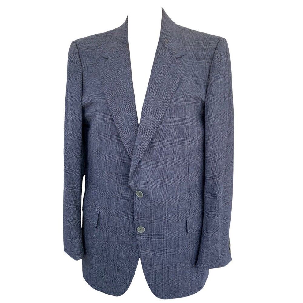 Vintage Blue Italian Suit Rayon Subtle Plaid Mens 40 34